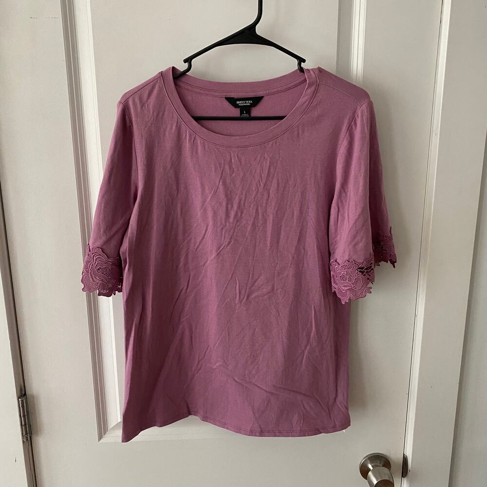Simply Vera Wang Women's L Purple Tee w/ Lace Bell Sleeves